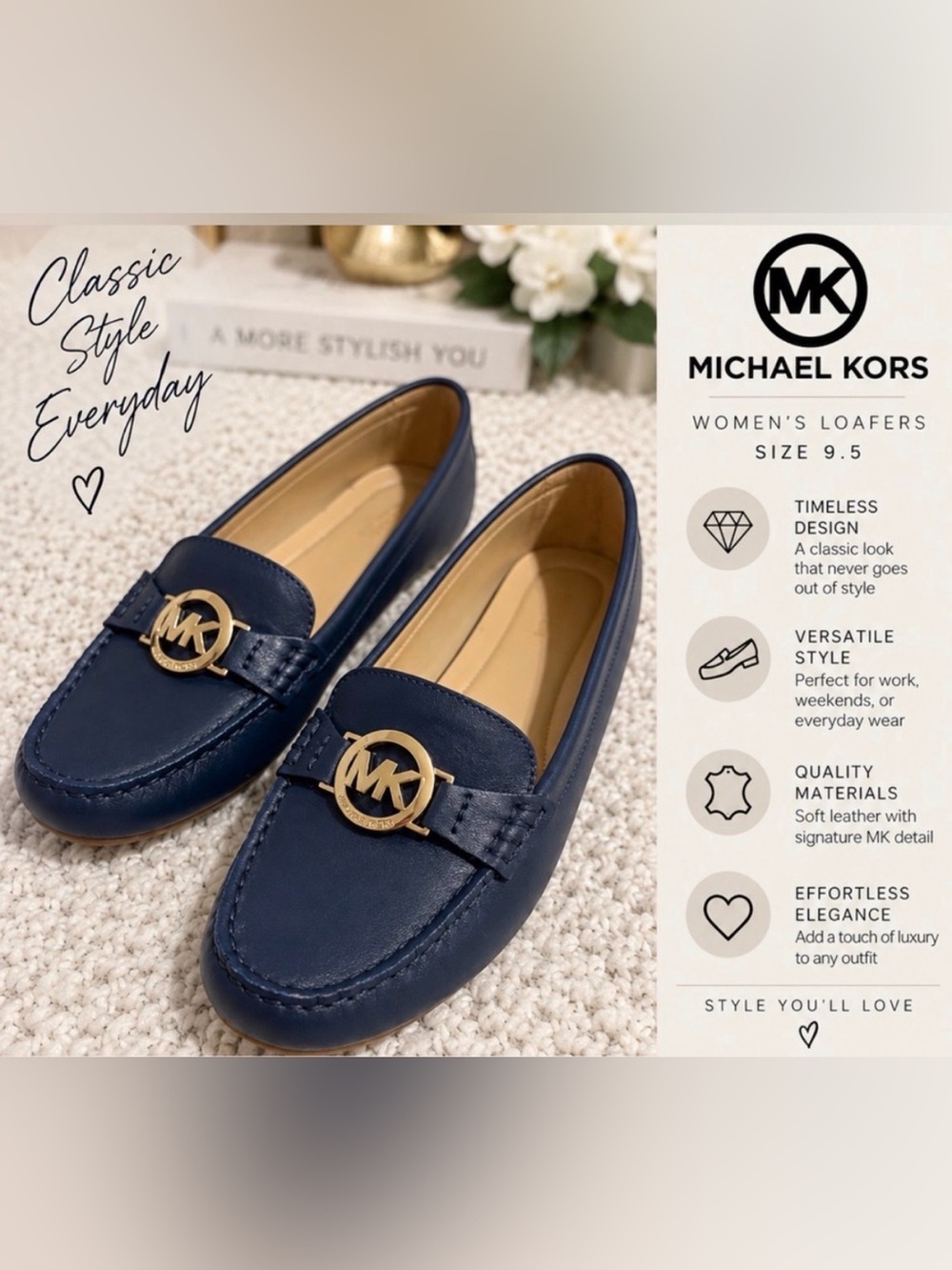 Michael Kors Navy Leather MK Circle Logo Loafers